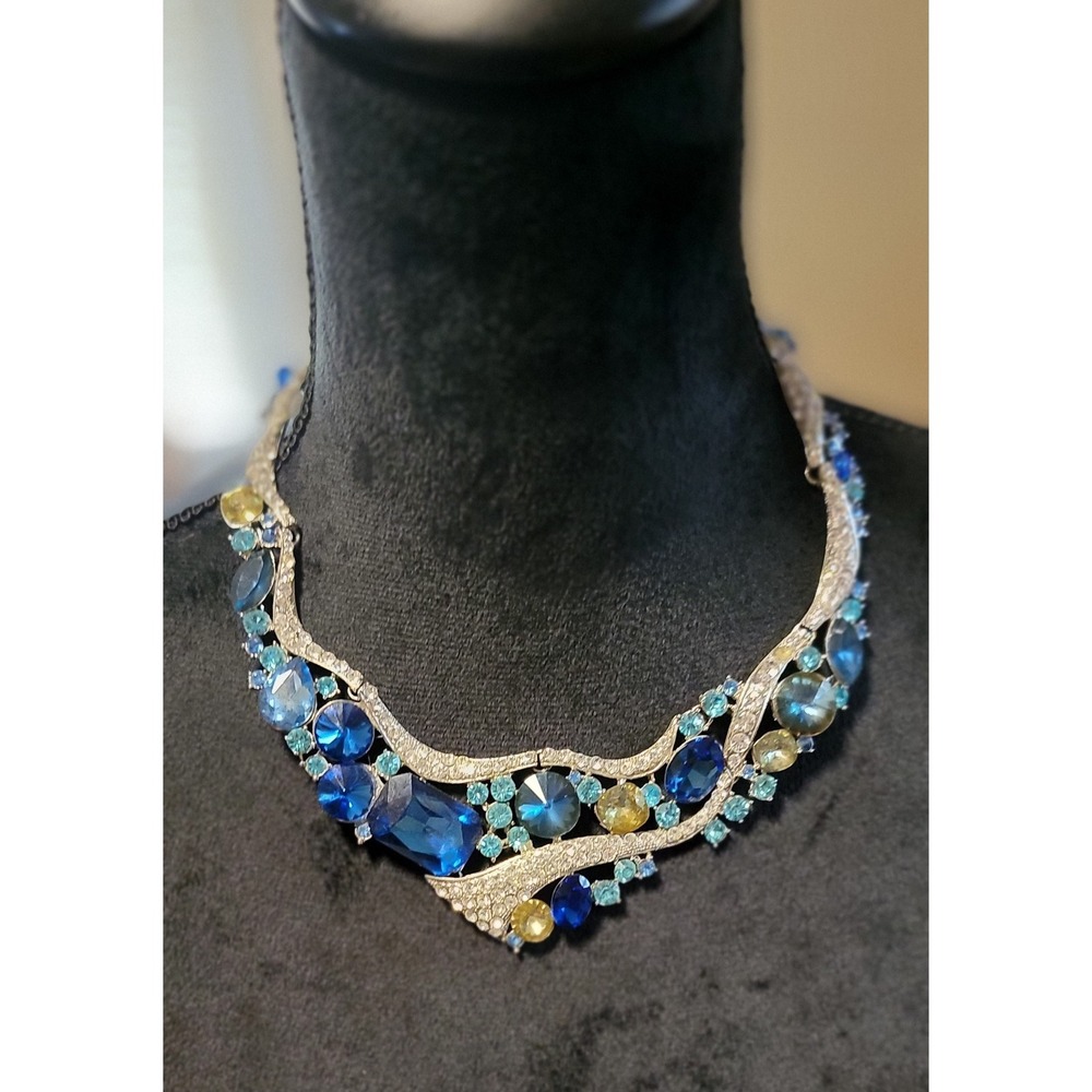 Vintage Blue Green Rhinestones Wave  Collar Hinge Statement Pageant Bib Necklace
